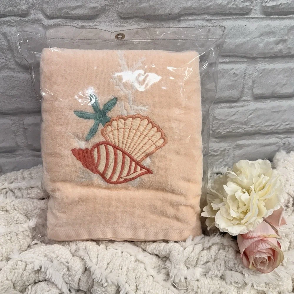 Vtg RA Briggs Seashell Embroidered Peach Bath Towel 4pc Set Beach House Seashore